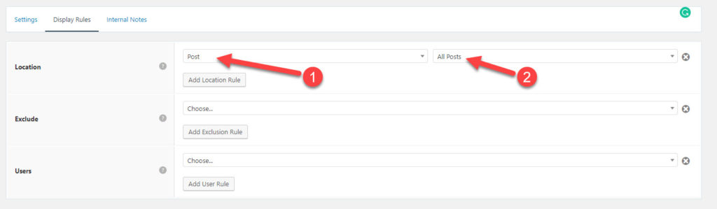 How to Add Author Box In GeneratePress 8 author box in GeneratePress hook Display Rules settings.